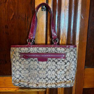 Vintage Y2K Coach Signature C Canvas Tote Bag in Khaki w/ Fuchsia Trim+ Handles